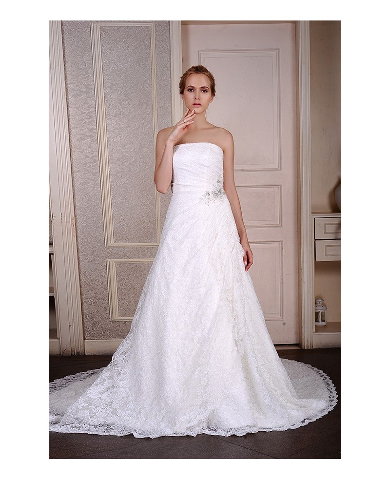 Ball-Gown Strapless Court Train Satin Tulle Wedding Dress With Appliques Lace