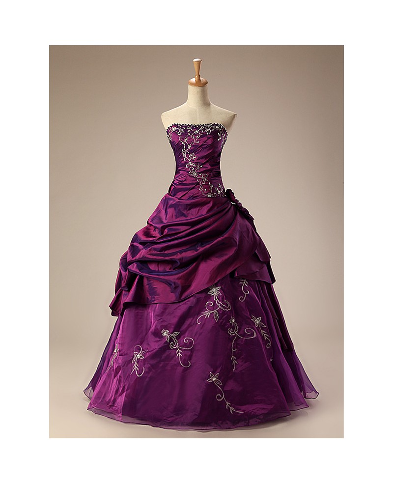 Grape Ballgown Embroidered Strapless Long Gown with Ruffles