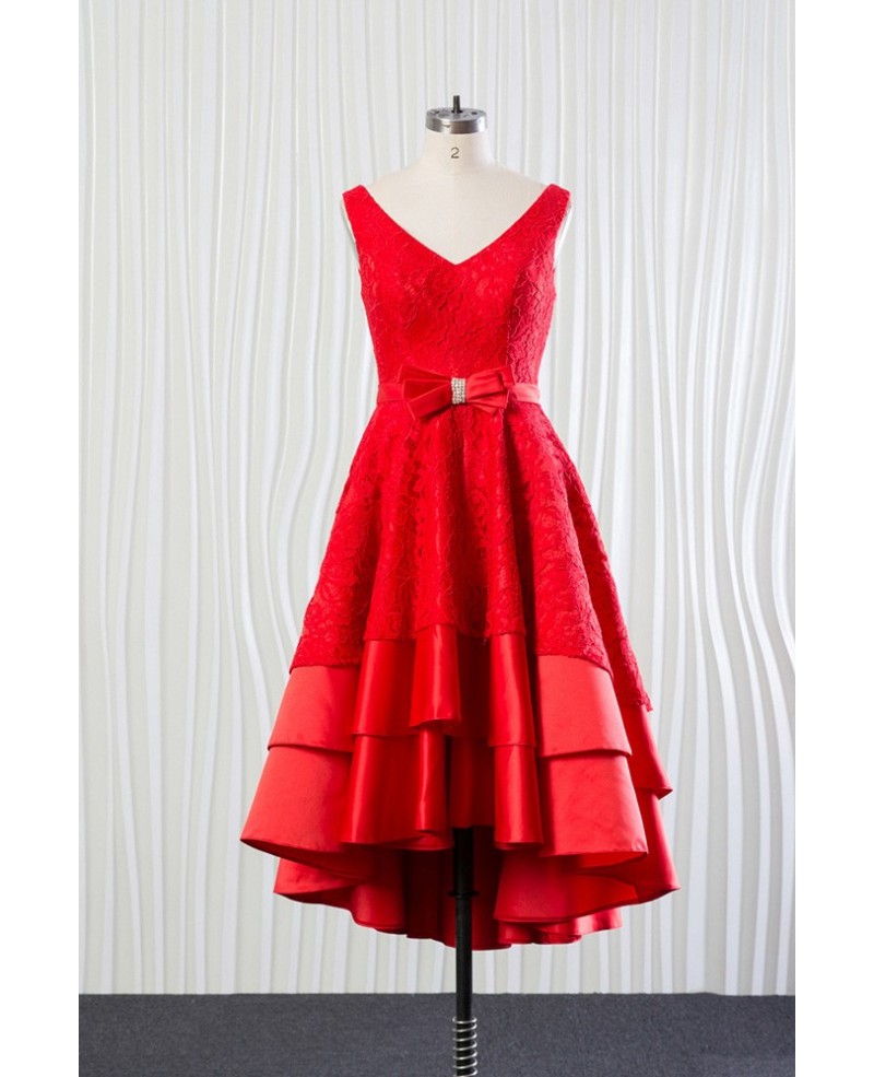 Tiered Lace Satin Red Party Dress Short for Wedding Receptions