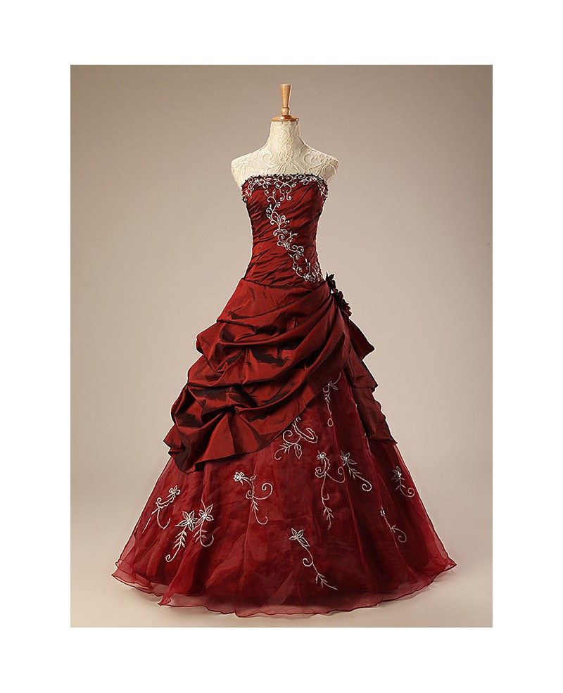 Burgundy Ballgown Embroidered Strapless Long Gown with Ruffles