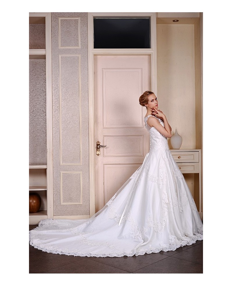 Ball-Gown Scoop Neck Cathedral Train Satin Tulle Wedding Dress With Beading Appliques Lace - Click Image to Close