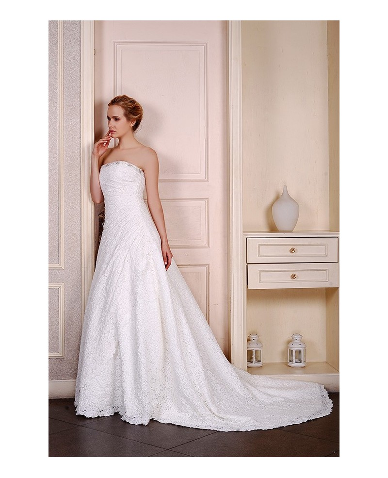 Ball-Gown Strapless chapel Train Lace Wedding Dress With Beading Pleated