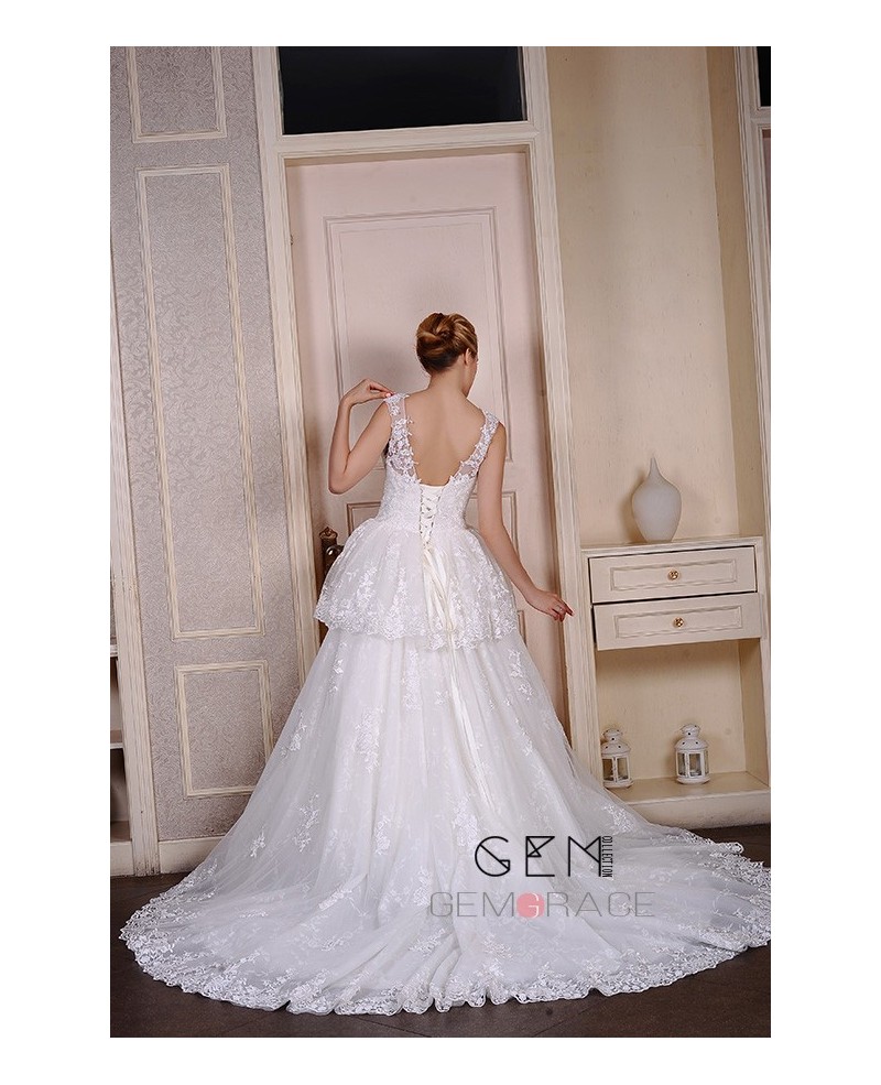 Ball-Gown Scoop Neck Cathedral Train Tulle Wedding Dress With Appliques Lace