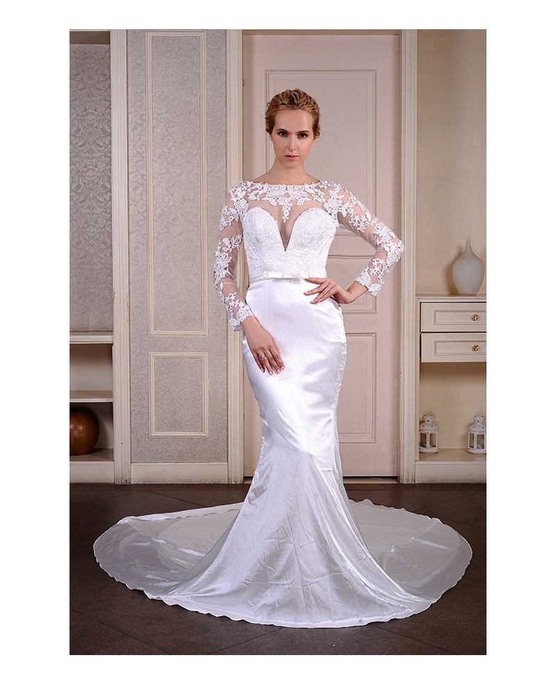Mermaid Scoop Neck Cathedral Train Satin Wedding Dress With Appliques Lace