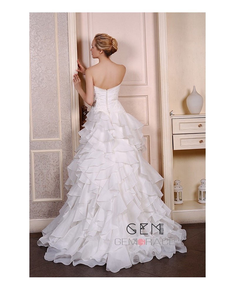 Ball-Gown Sweetheart Court Train Organza Wedding Dress With Beading Appliques Lace Cascading Ruffles - Click Image to Close