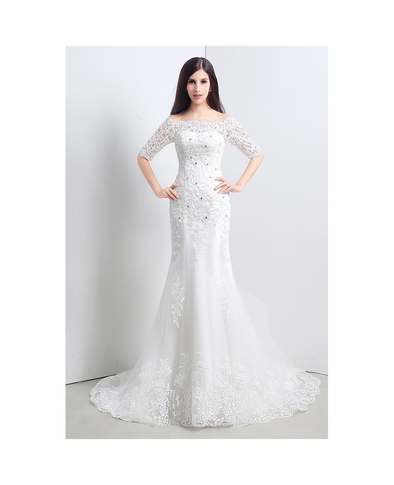 Mermaid Off-the-shoulder 1/2 Sleeves Court-train Wedding Dress with Lace