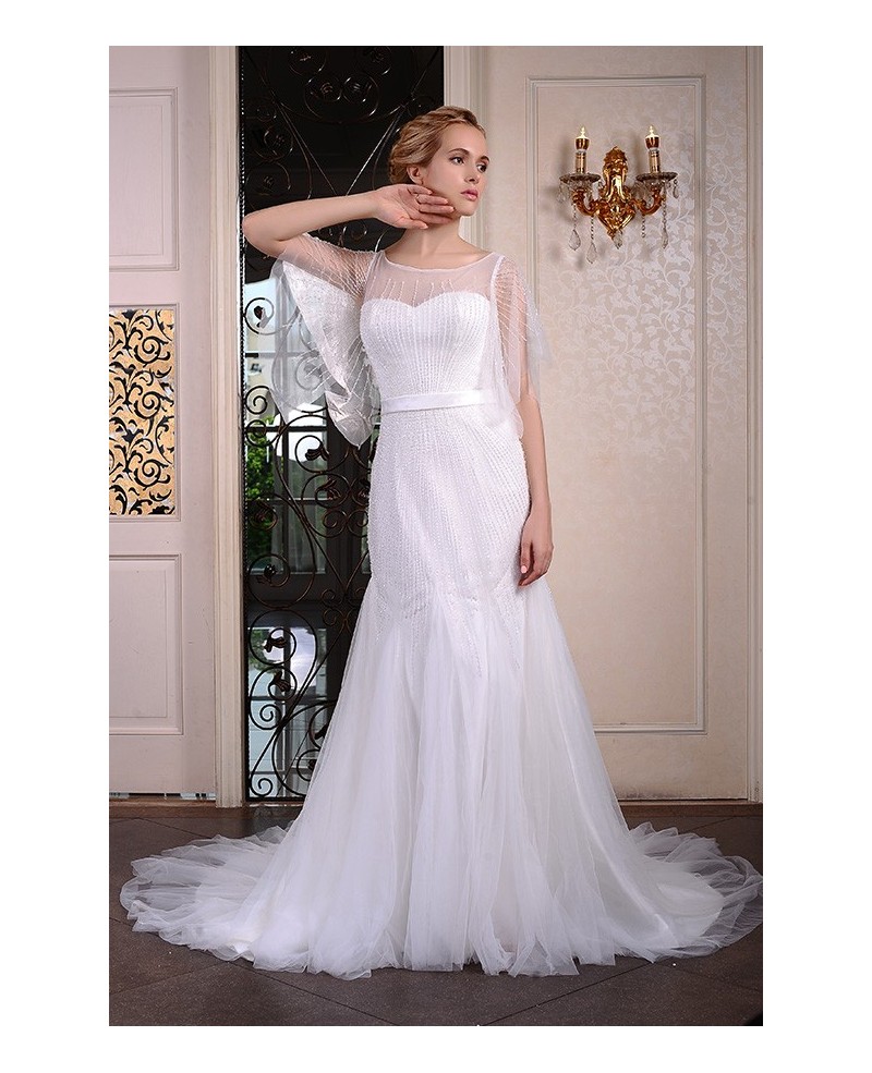 Mermaid Scoop Neck Court Train Organza Wedding Dress With Beading