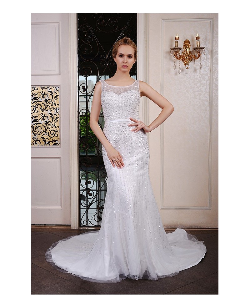 Mermaid Scoop Neck Court Train Tulle Wedding Dress With Beading