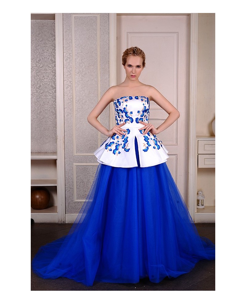 Ball-Gown Strapless Chapel Train Satin Tulle Embroidered Wedding Dress