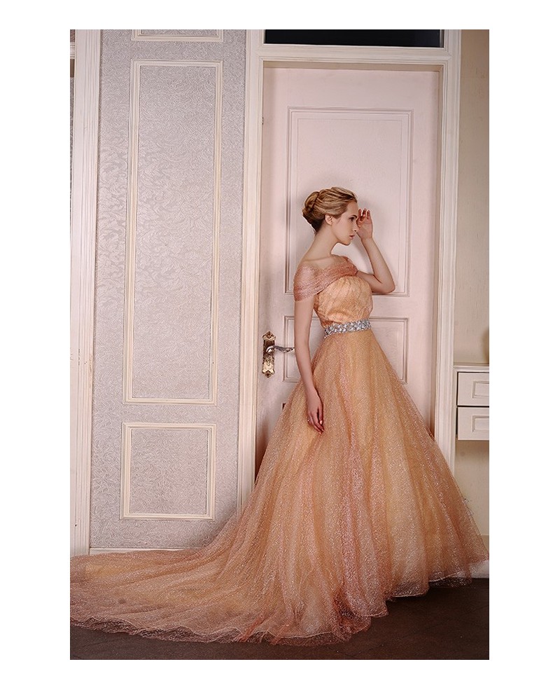 Ball-Gown Off-the-Shoulder Court Train Tulle Wedding Dress With Beading Sequins