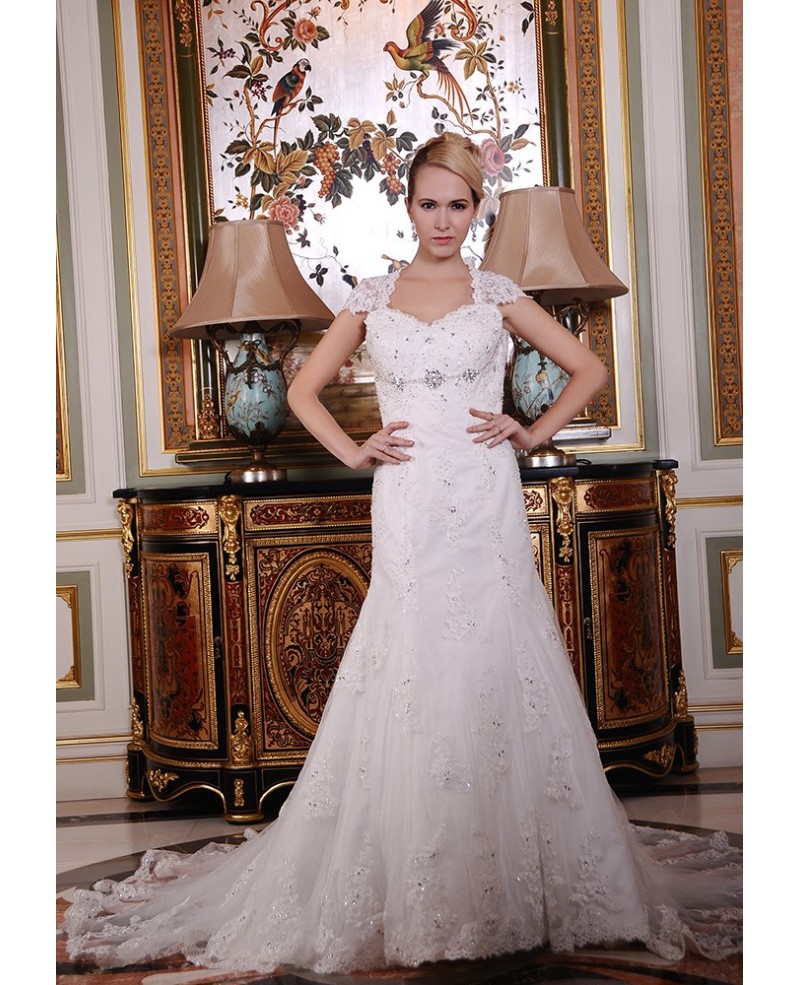 Mermaid Sweetheart Chapel Train Tulle Wedding Dress With Beading Appliques Lace