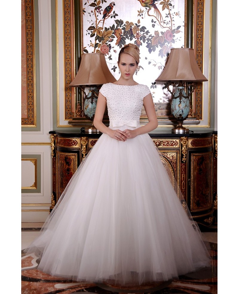 A-Line Scoop Neck Sweep Train Organza Wedding Dress With Beading Bow