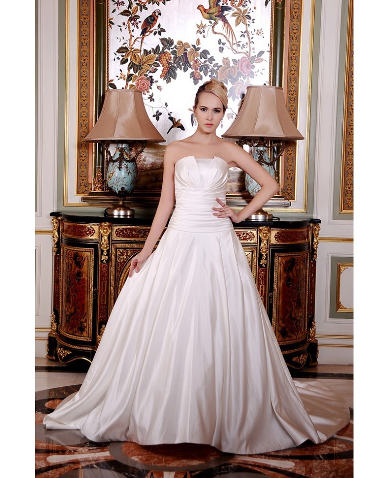 Ball-Gown Strapless Cathedral Train Satin Wedding Dress With Ruffle