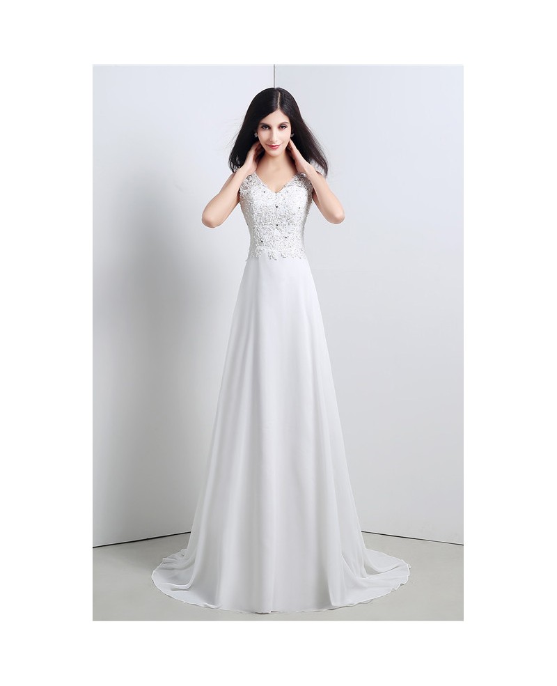 Sheath V-neck Cap-sleeves Sweep Train Wedding Dress