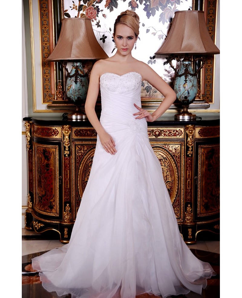 A-Line Sweetheart Court Train Organza Wedding Dress With Beading Pleated