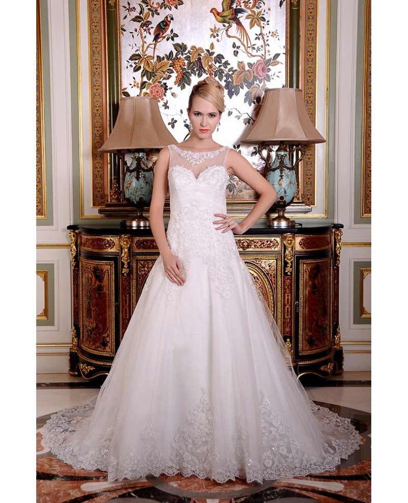 A-Line Scoop Neck Chapel Train Organza Wedding Dress With Appliques Lace