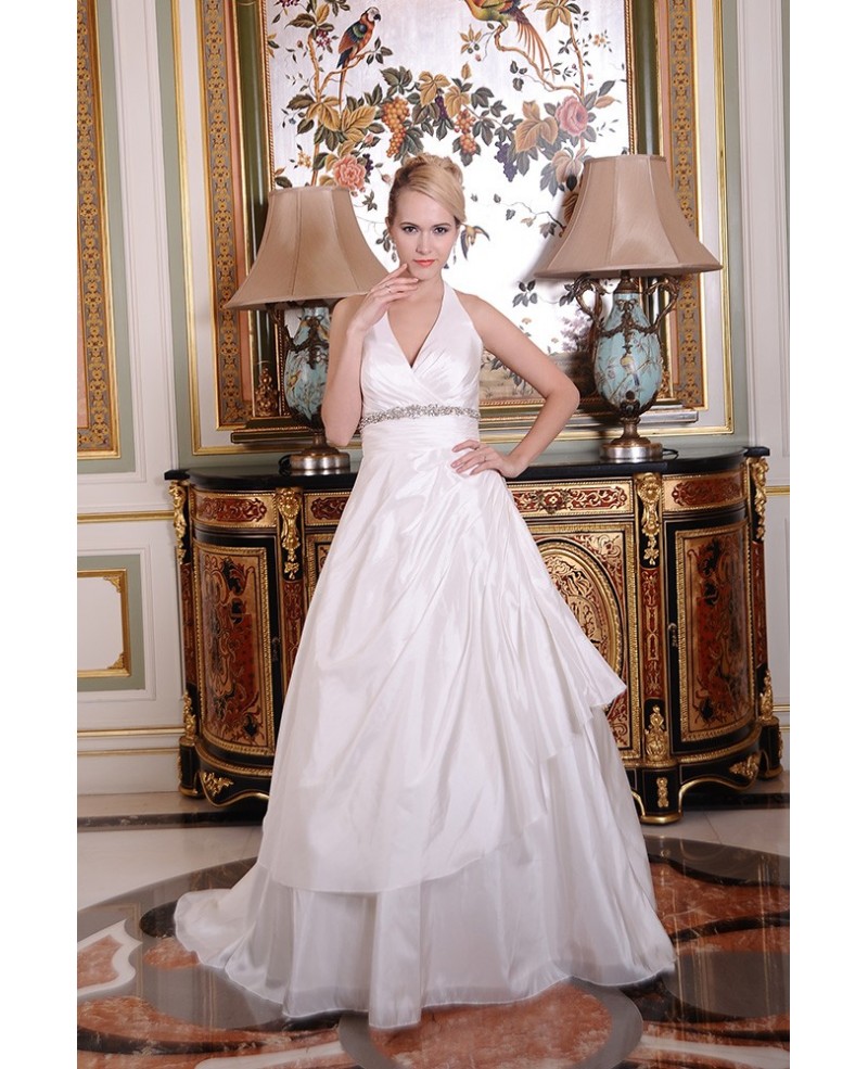 Ball-Gown Halter Chapel Train Satin Wedding Dress With Beading Ruffle