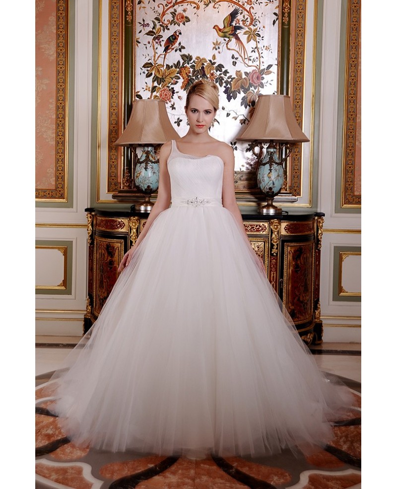 Ball-Gown One Shoulder Cathedral Train Organza Wedding Dress With Beading Ruffle