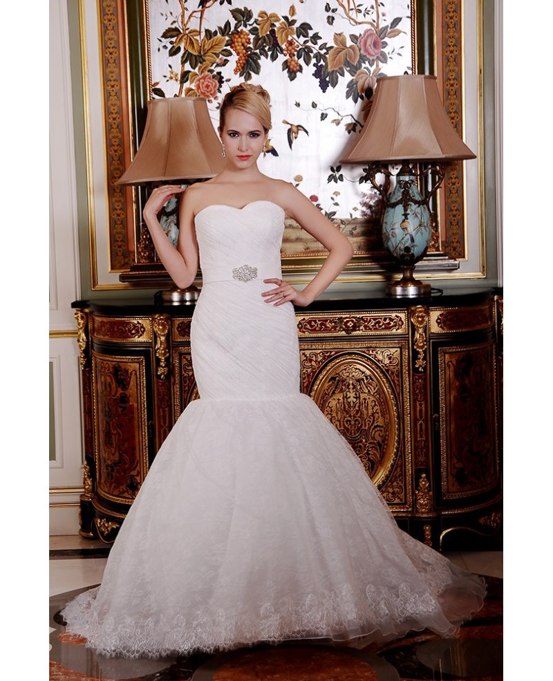 Mermaid Sweetheart Court Train Lace Wedding Dress With Beading Pleated