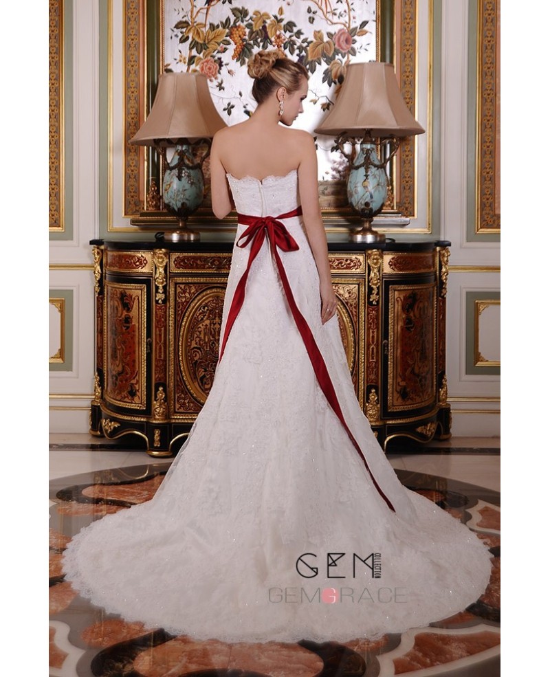 A-Line Sweetheart Chapel Train Lace Wedding Dress With Beading Bow - Click Image to Close