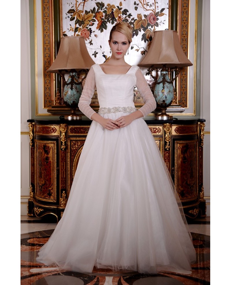 Ball-Gown Square Neckline Chapel Train Organza Wedding Dress With Beading Ruffle - Click Image to Close