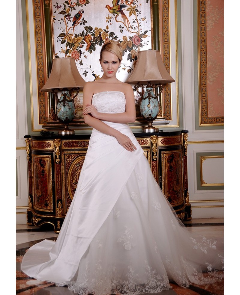 Ball-Gown Strapless Chapel Train Satin Tulle Wedding Dress With Beading Appliques Lace