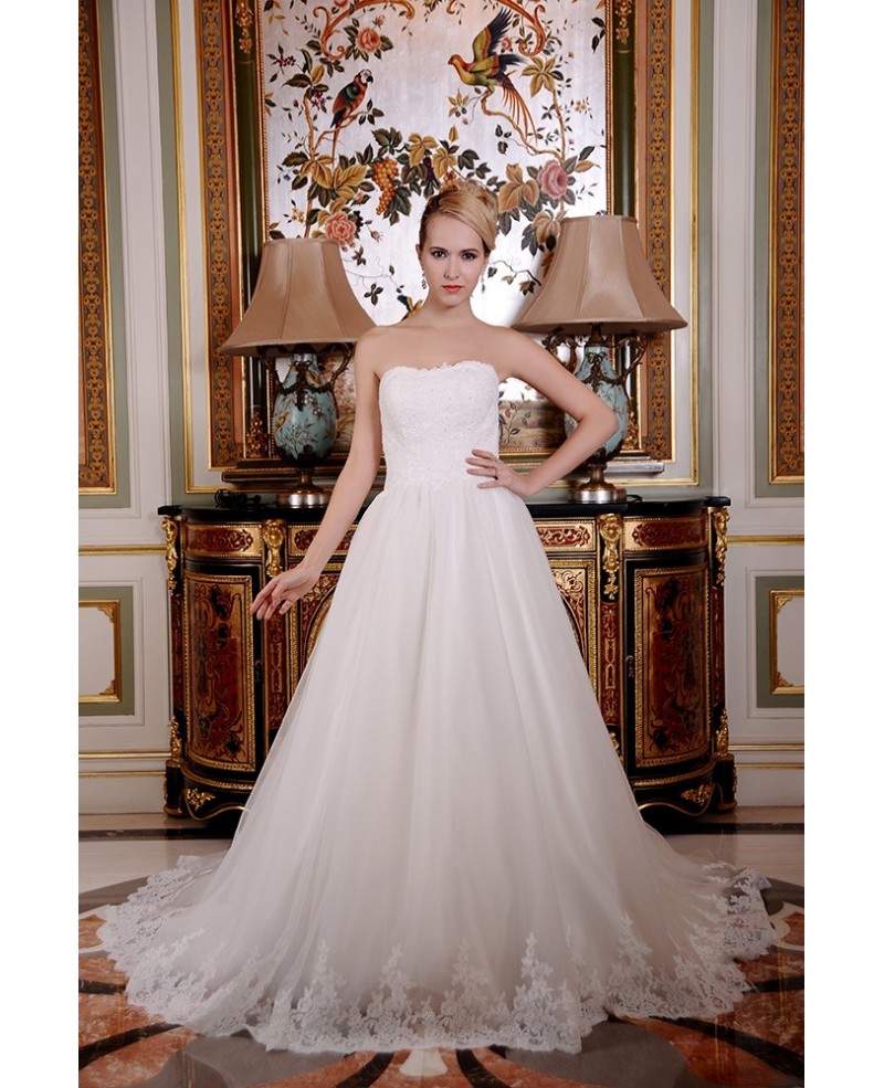 A-Line Strapless Chapel Train Tulle Wedding Dress With Beading Appliques Lace - Click Image to Close