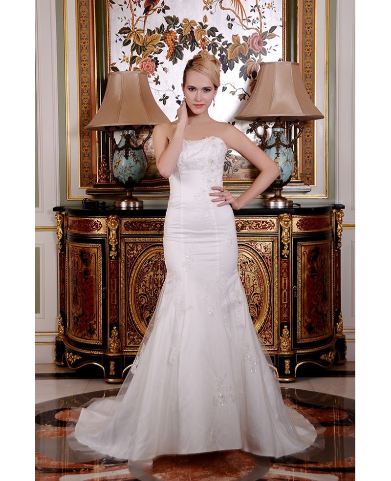 Mermaid Strapless Court Train Satin Tulle Wedding Dress With Beading Appliques Lace