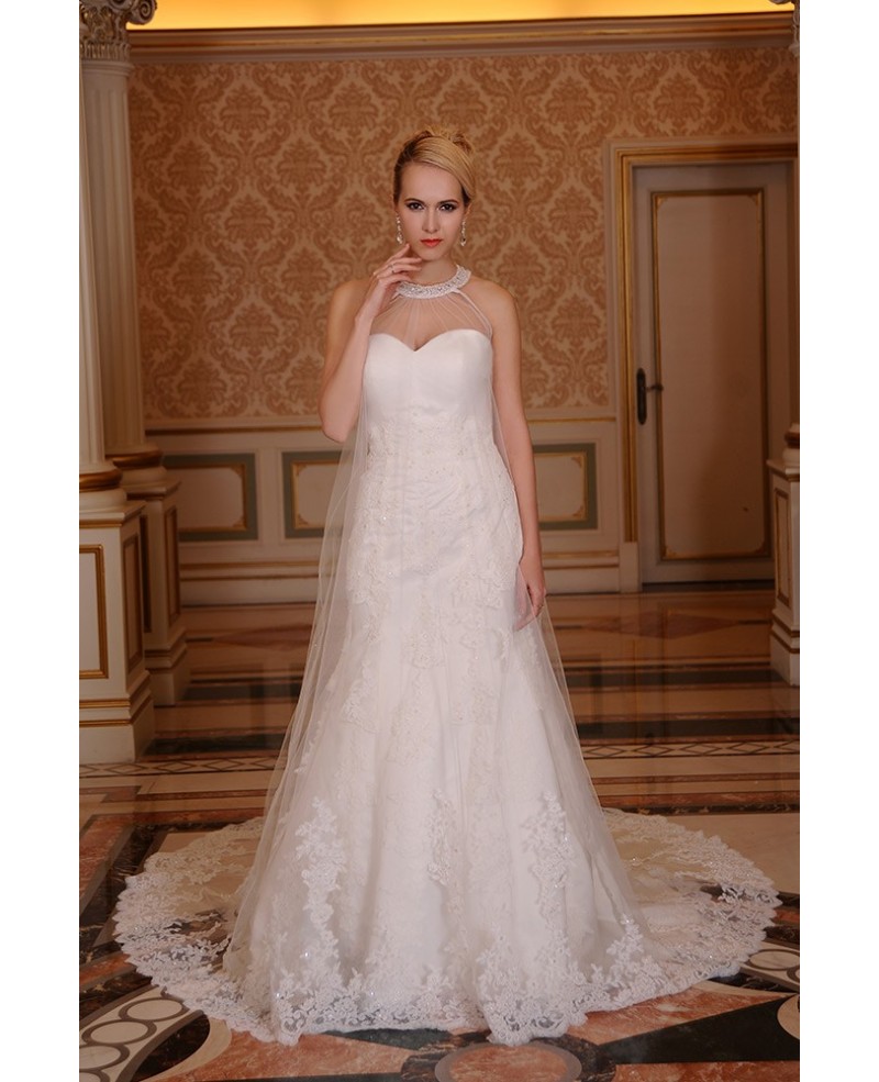 Ball-Gown Sweetheart Chapel Train Tulle Wedding Dress With Beading Appliques Lace