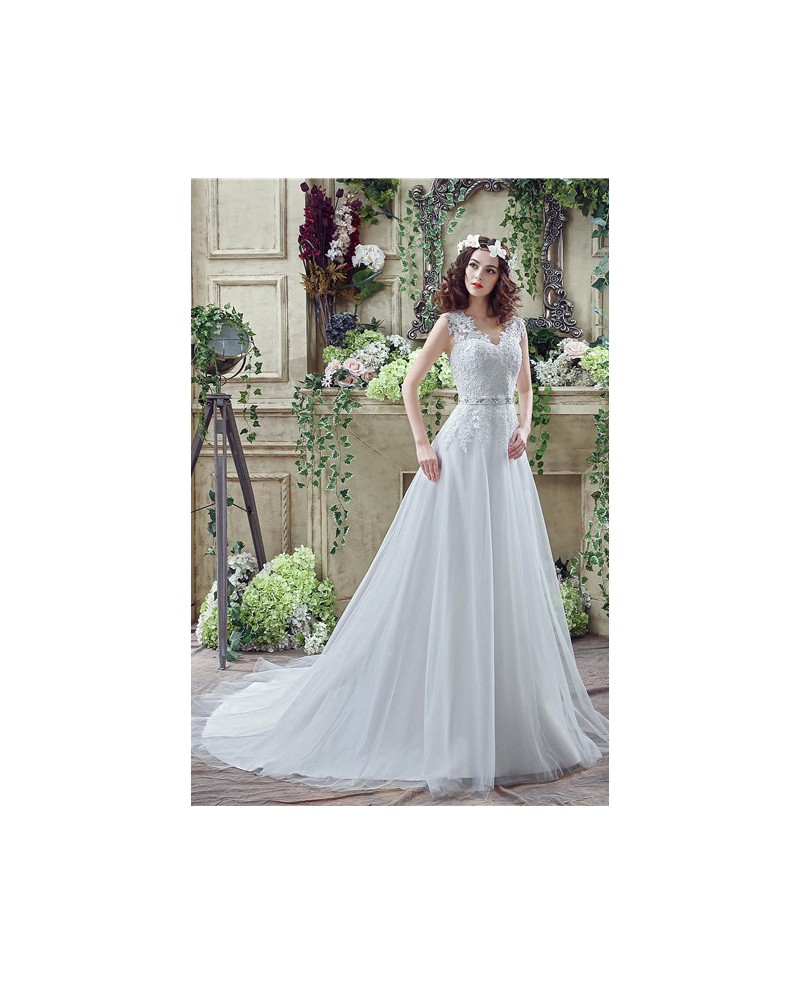 A-line V-neck Short Sleeves Chapel-train Wedding Dress