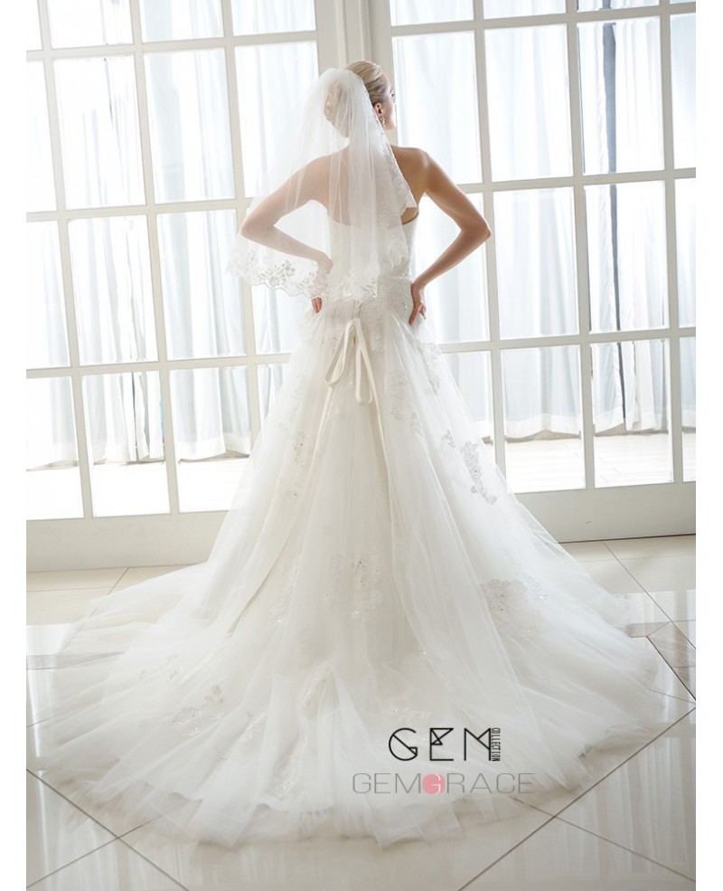 Ball-Gown Sweetheart Cathedral Train Tulle Wedding Dress With Beading Appliques Lace