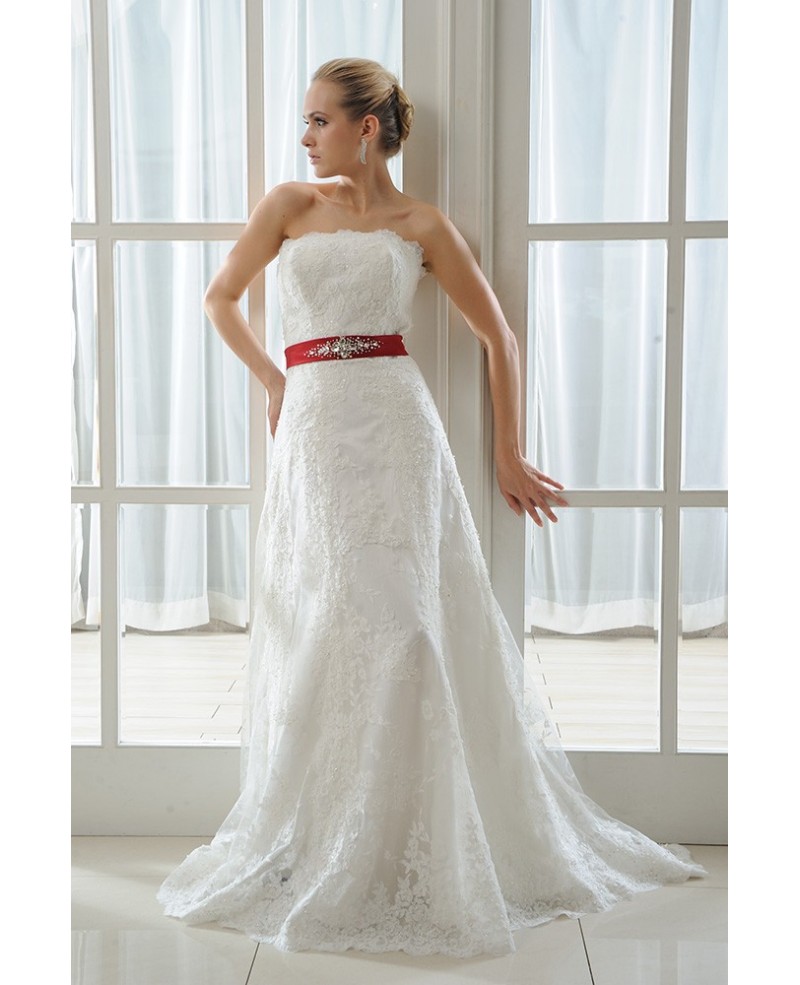 A-Line Strapless Court Train Lace Wedding Dress With Beading