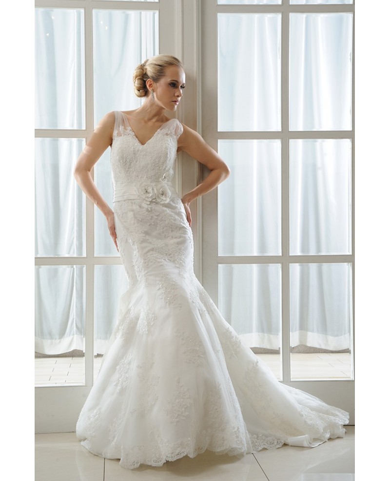 Mermaid V-neck Court Train Tulle Wedding Dress With Beading Appliques Lace Flowers