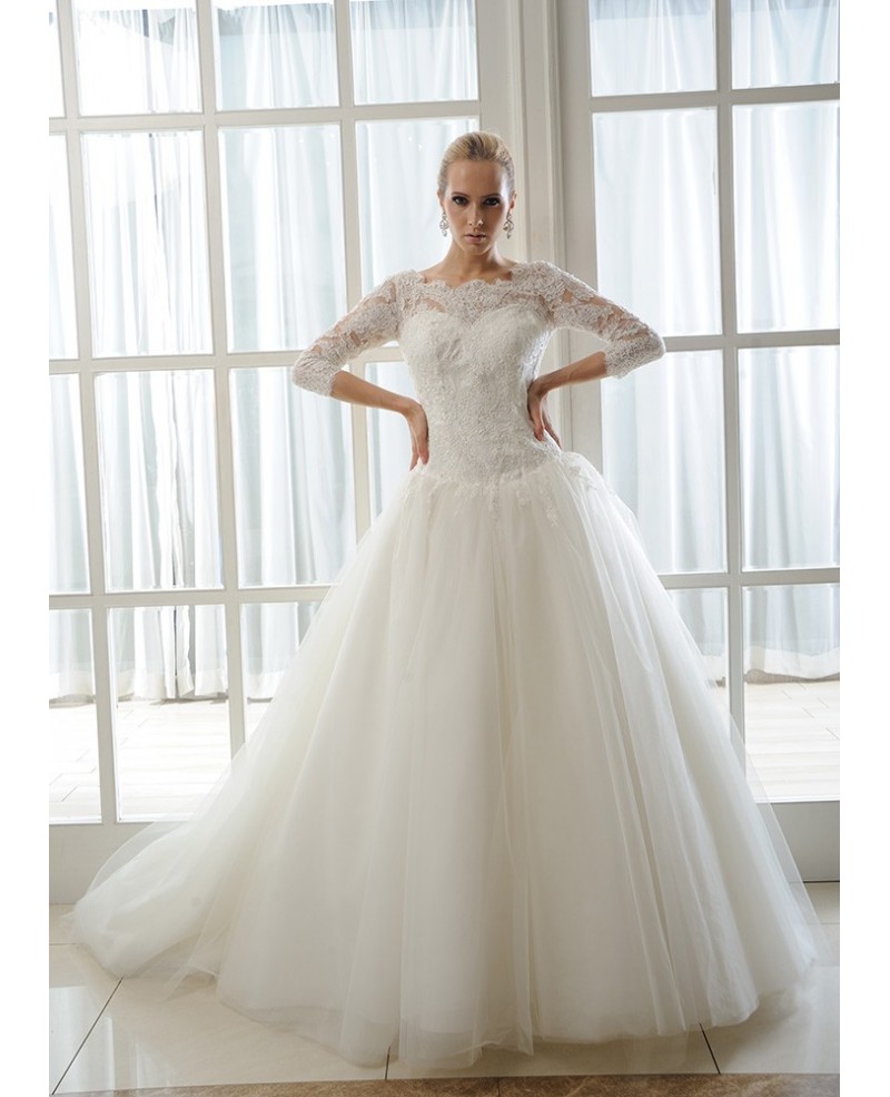 Ball-Gown Scoop Neck Chapel Train Tulle Wedding Dress With Beading Appliques Lace