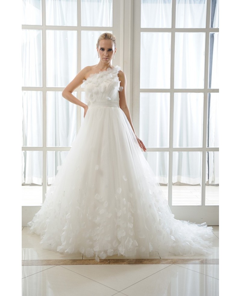 Ball-Gown One Shoulder chapel Train Organza Wedding Dress With Flowers