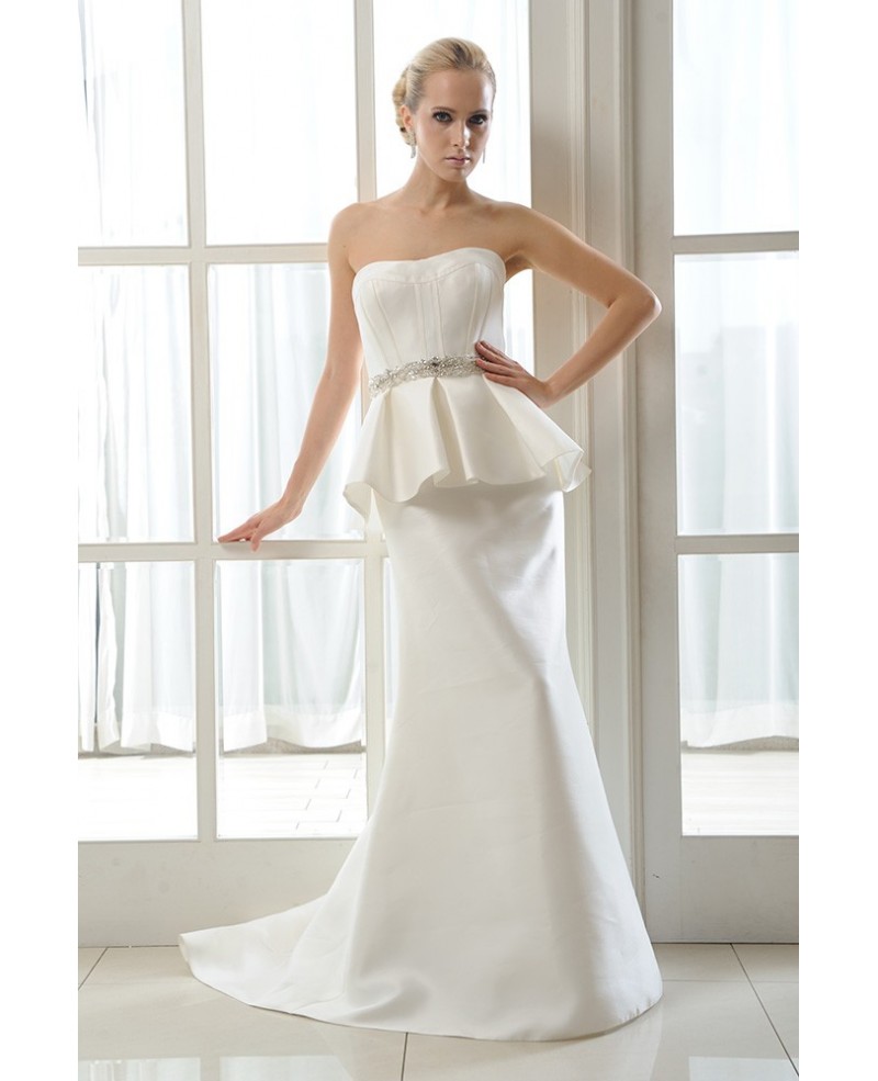 Mermaid Strapless Sweep Train Satin Wedding Dress With Beading