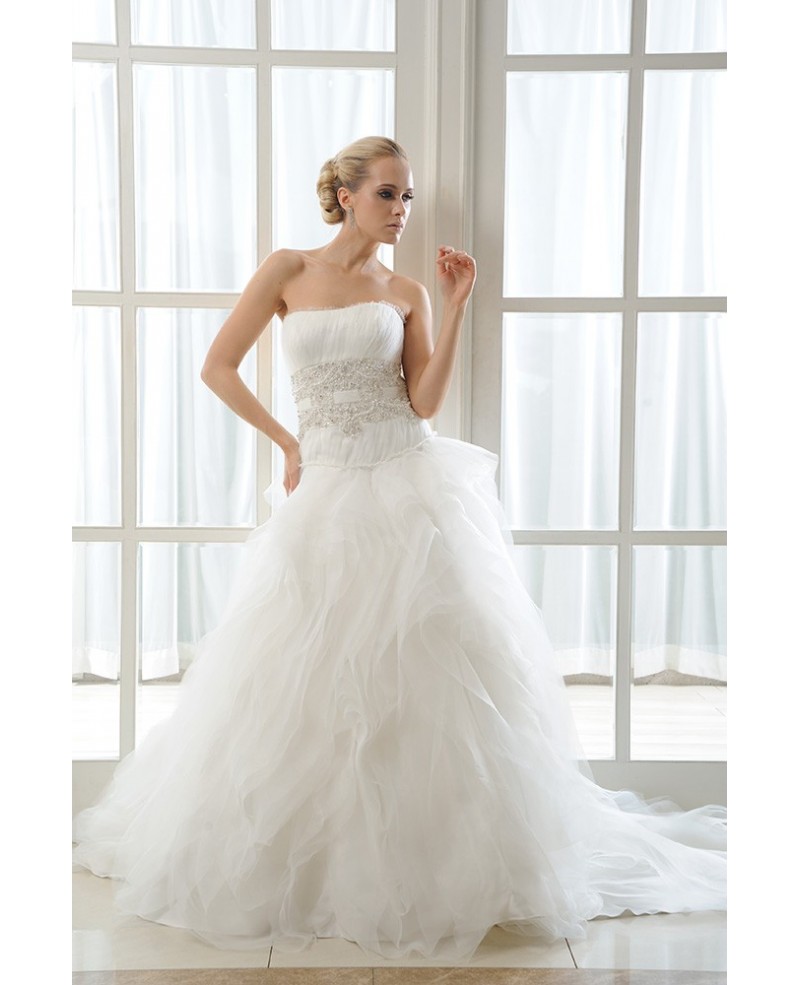Ball-Gown Strapless Chapel Train Organza Wedding Dress With Cascading Ruffles - Click Image to Close