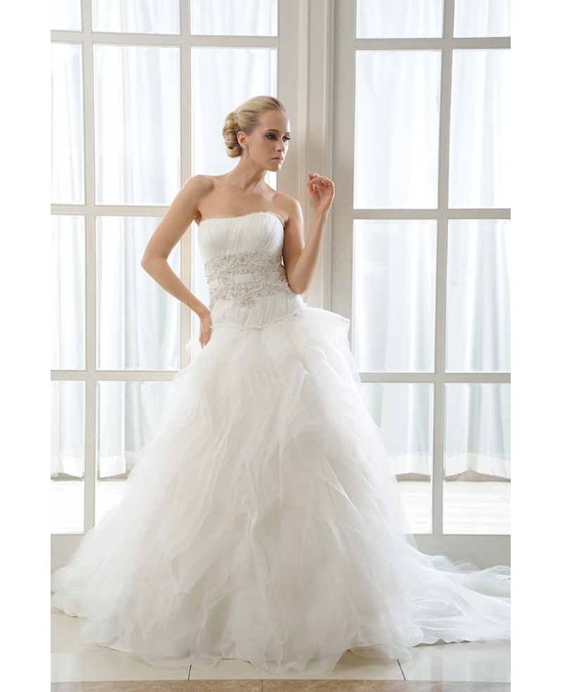 Ball-Gown Strapless Chapel Train Organza Wedding Dress With Cascading Ruffles