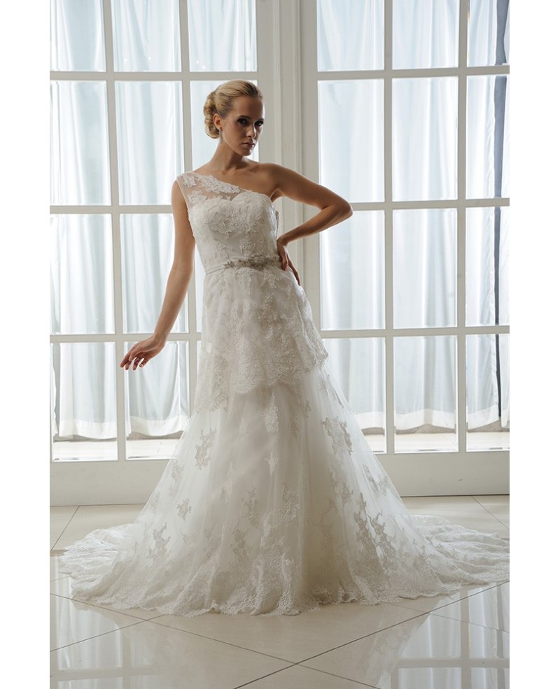 A-Line One Shoulder Court Train Tulle Wedding Dress With Beading Appliques Lace