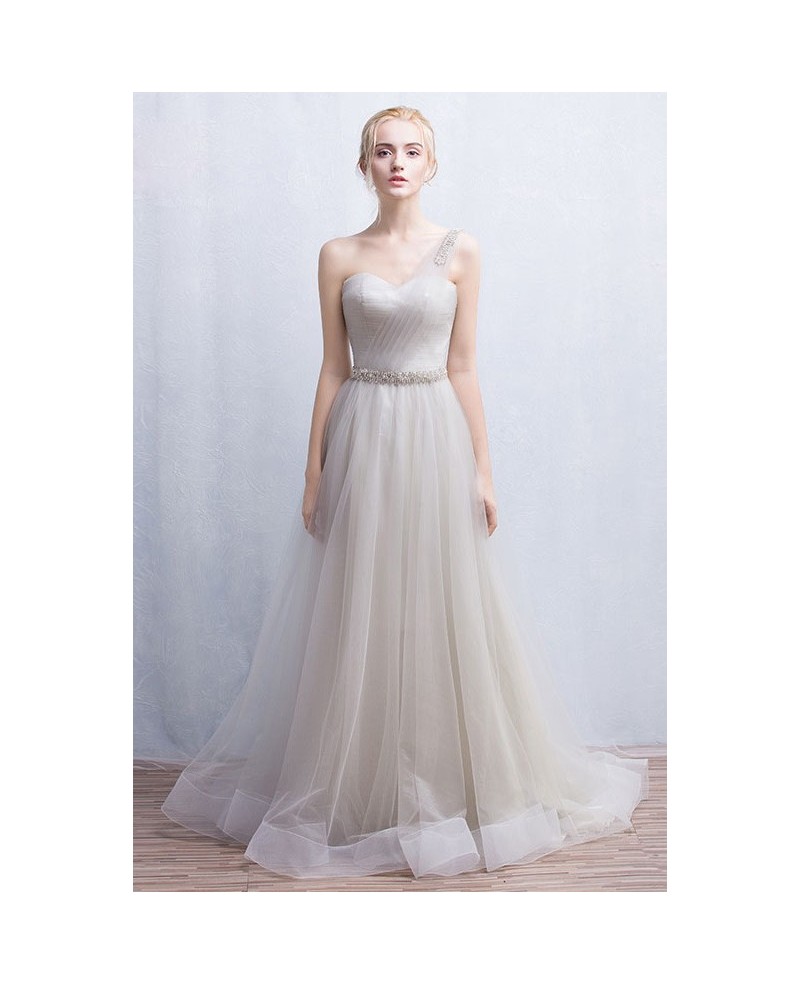 Graceful A-Line One-Shoulder Floor-length Tulle Wedding Dress With Beading - Click Image to Close