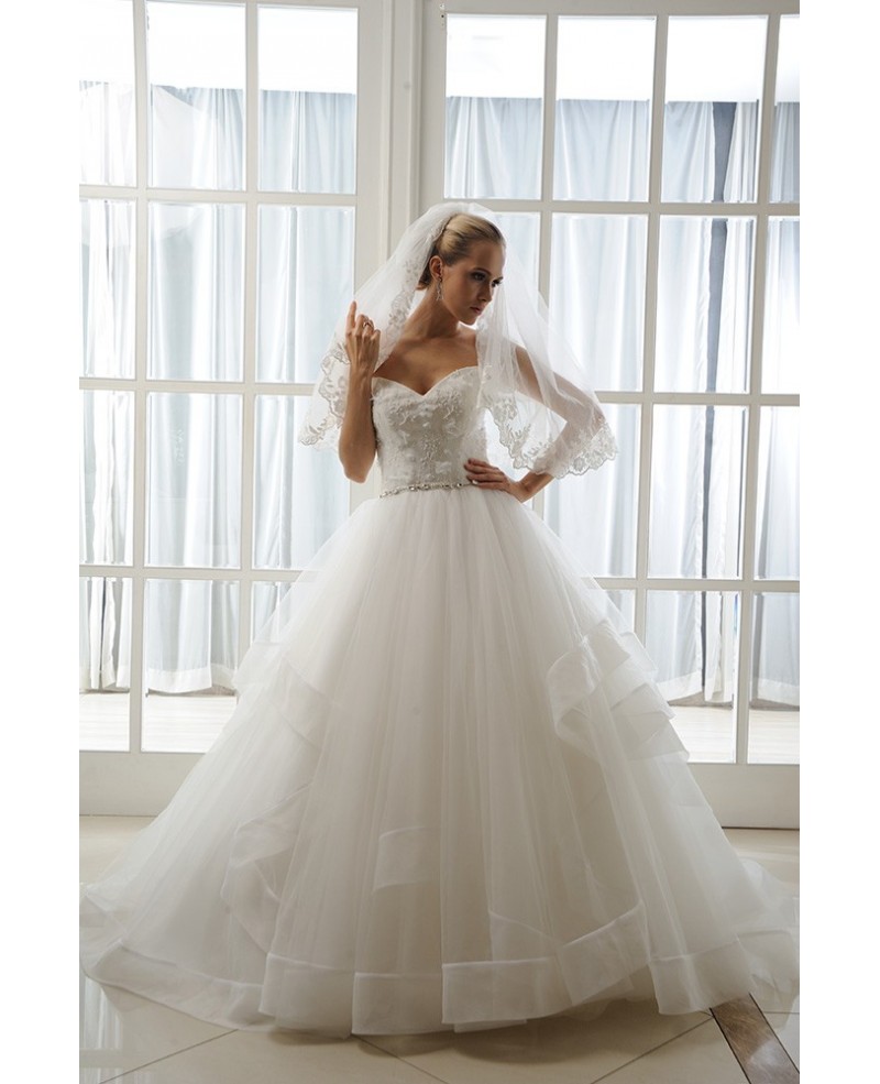 Ball-Gown Sweetheart Cathedral Train Tulle Wedding Dress With Beading Appliques Lace Ruffles - Click Image to Close