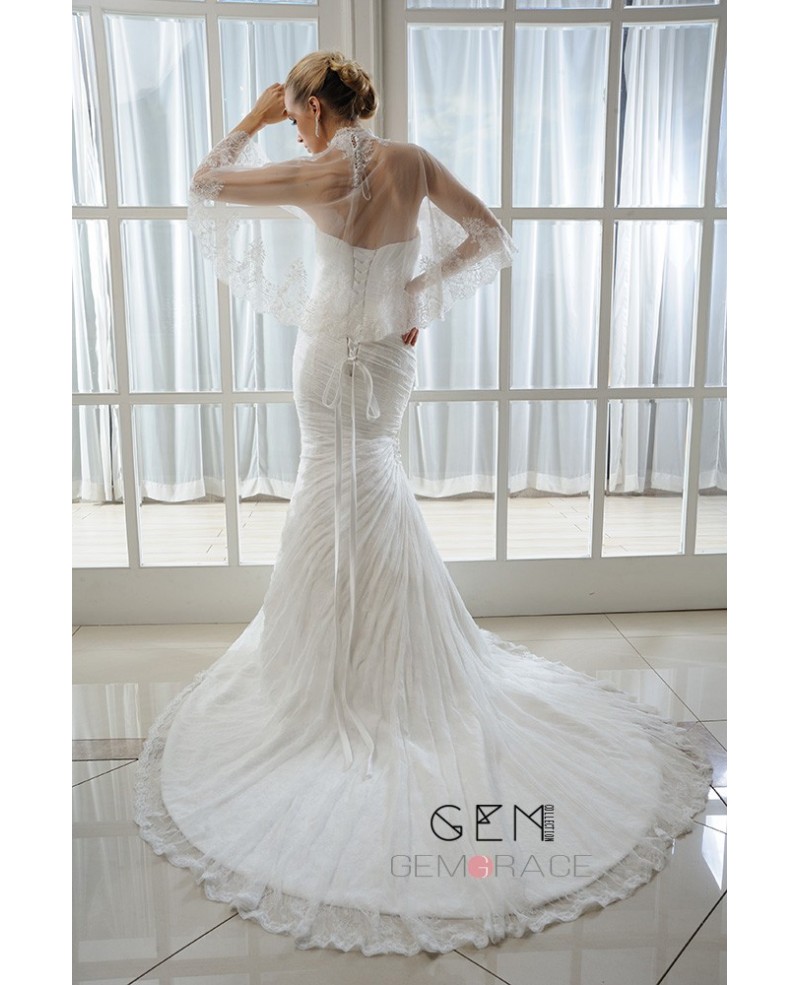 Mermaid Sweetheart Court Train Organza Lace Wedding Dress With Beading Pleated