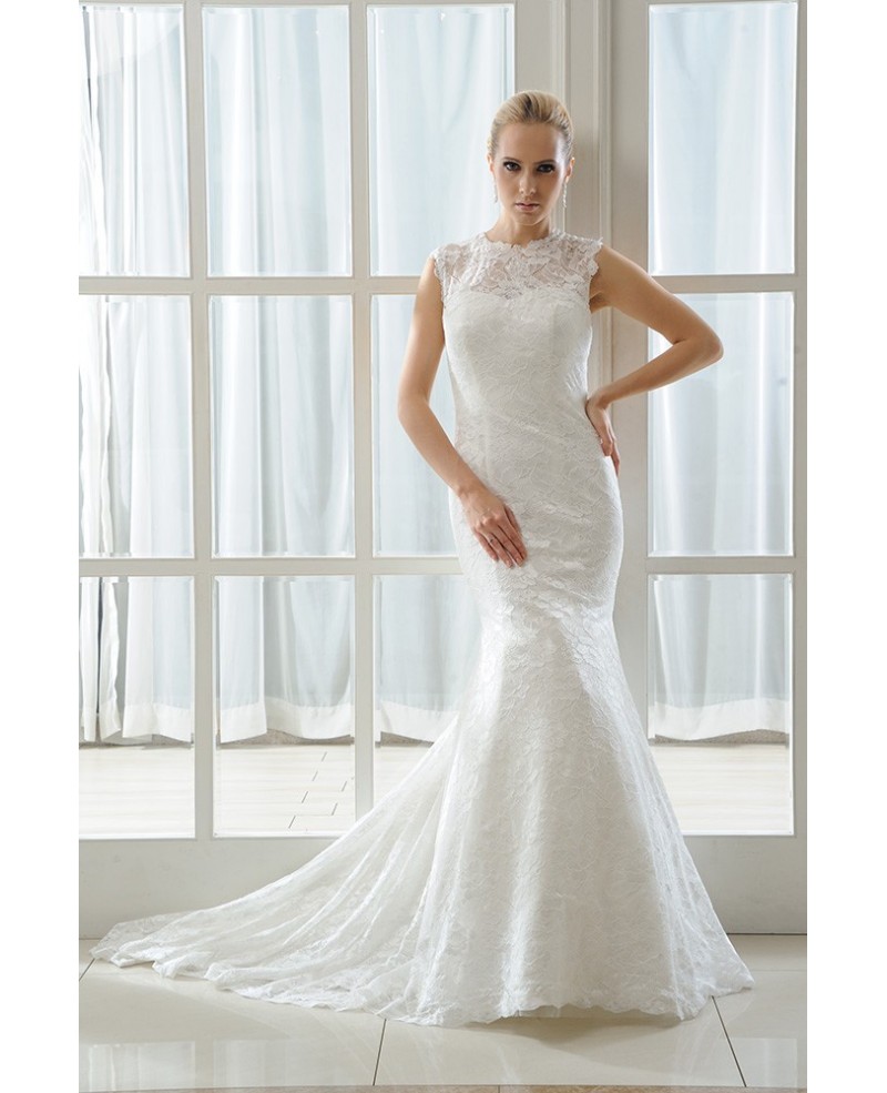 Mermaid Scoop Neck Sweep Train Lace Wedding Dress - Click Image to Close