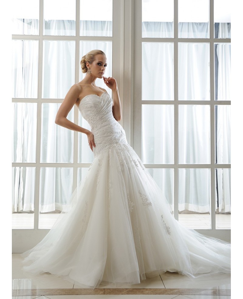 Mermaid Sweetheart Chapel Train Tulle Wedding Dress With Beading Pleated Appliques Lace - Click Image to Close