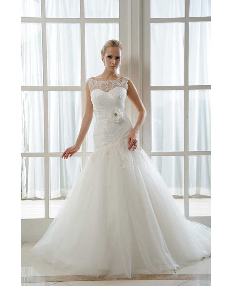 Mermaid Scoop Neck Court Train Tulle Wedding Dress With Beading Pleated Appliques Lace - Click Image to Close