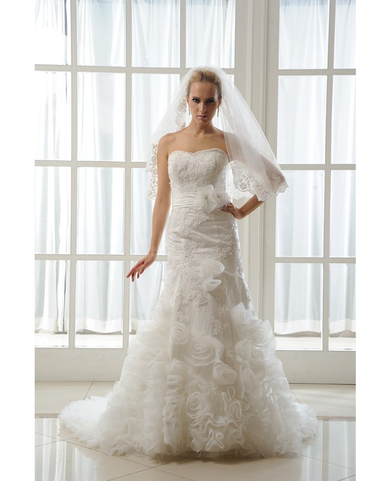 Mermaid Sweetheart Court Train Satin Wedding Dress With Beading Appliques Lace Cascading Ruffles