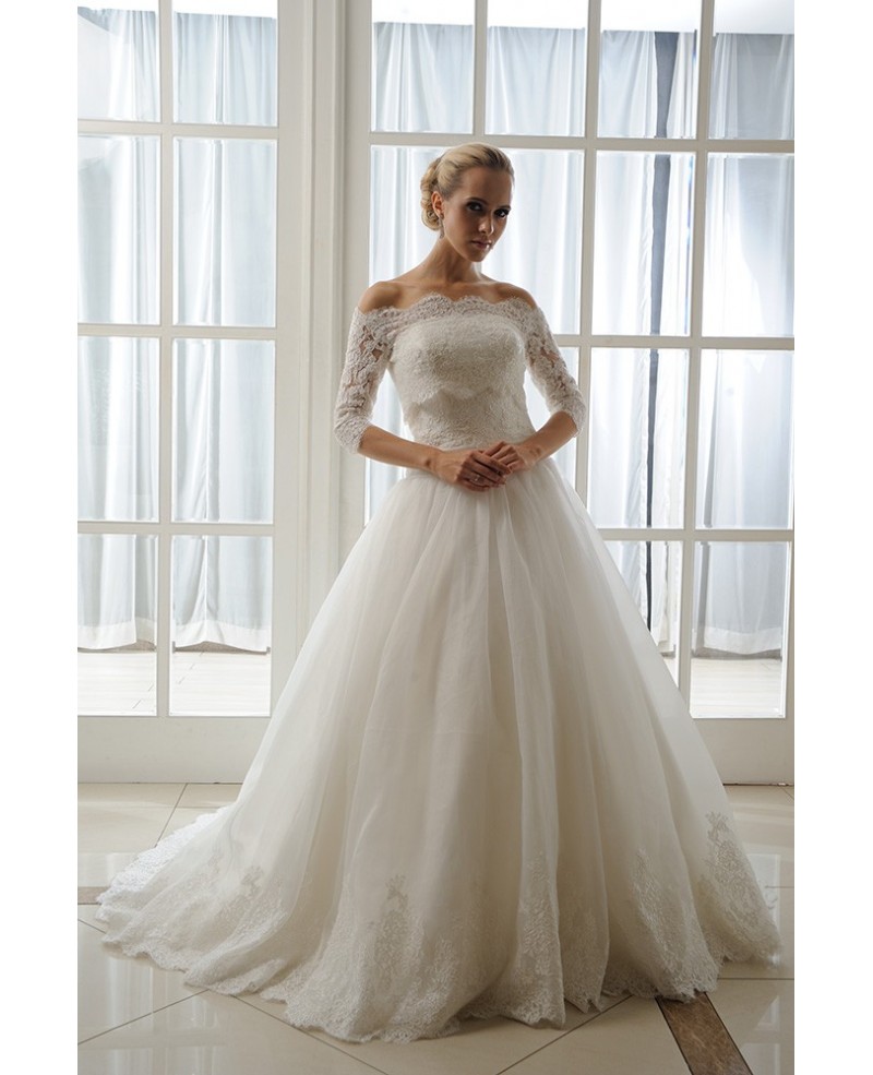 Ball-Gown Strapless Court Train Tulle Wedding Dress With Appliques Lace Wraps - Click Image to Close