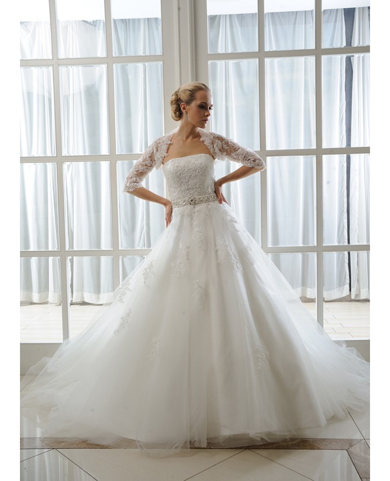 Ball-Gown Strapless Court Train Tulle Wedding Dress With Beading Appliques Lace Wraps - Click Image to Close