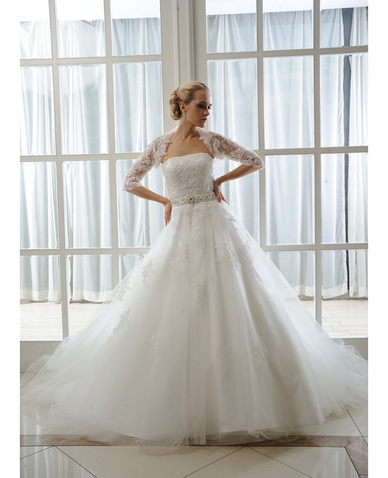 Ball-Gown Strapless Court Train Tulle Wedding Dress With Beading Appliques Lace Wraps