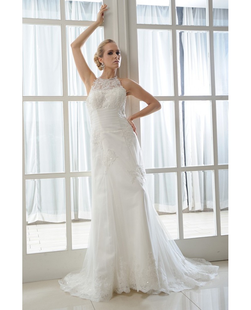 Mermaid Halter Sweep Train Tulle Wedding Dress With Beading Appliques Lace